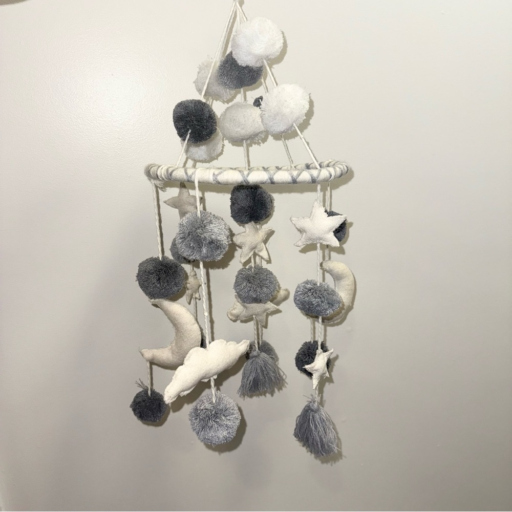 Stars and Moon Gray Pom Crib Mobile with Stand - Picture 4 of 7